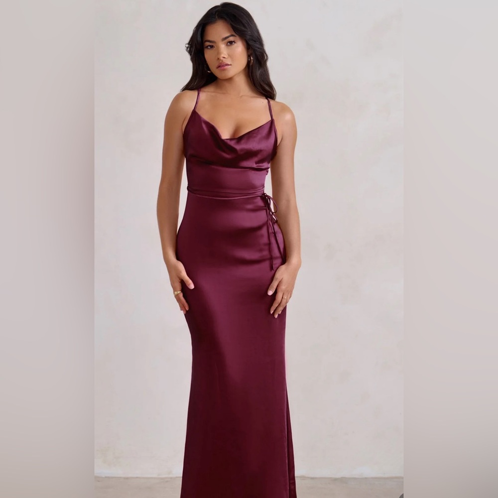 Maroon floor length cowel neck & backless dress.